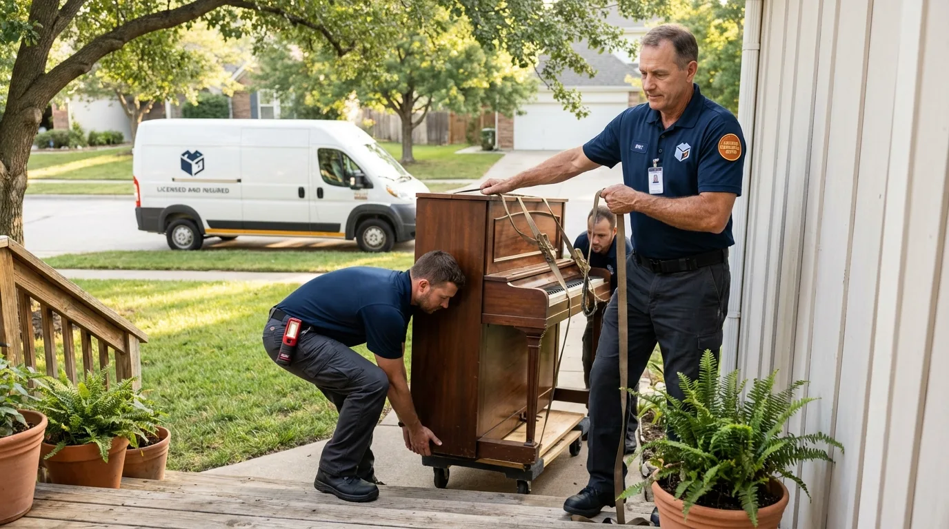 Licensed piano movers securing grand piano in Arroyo Grande, CA
