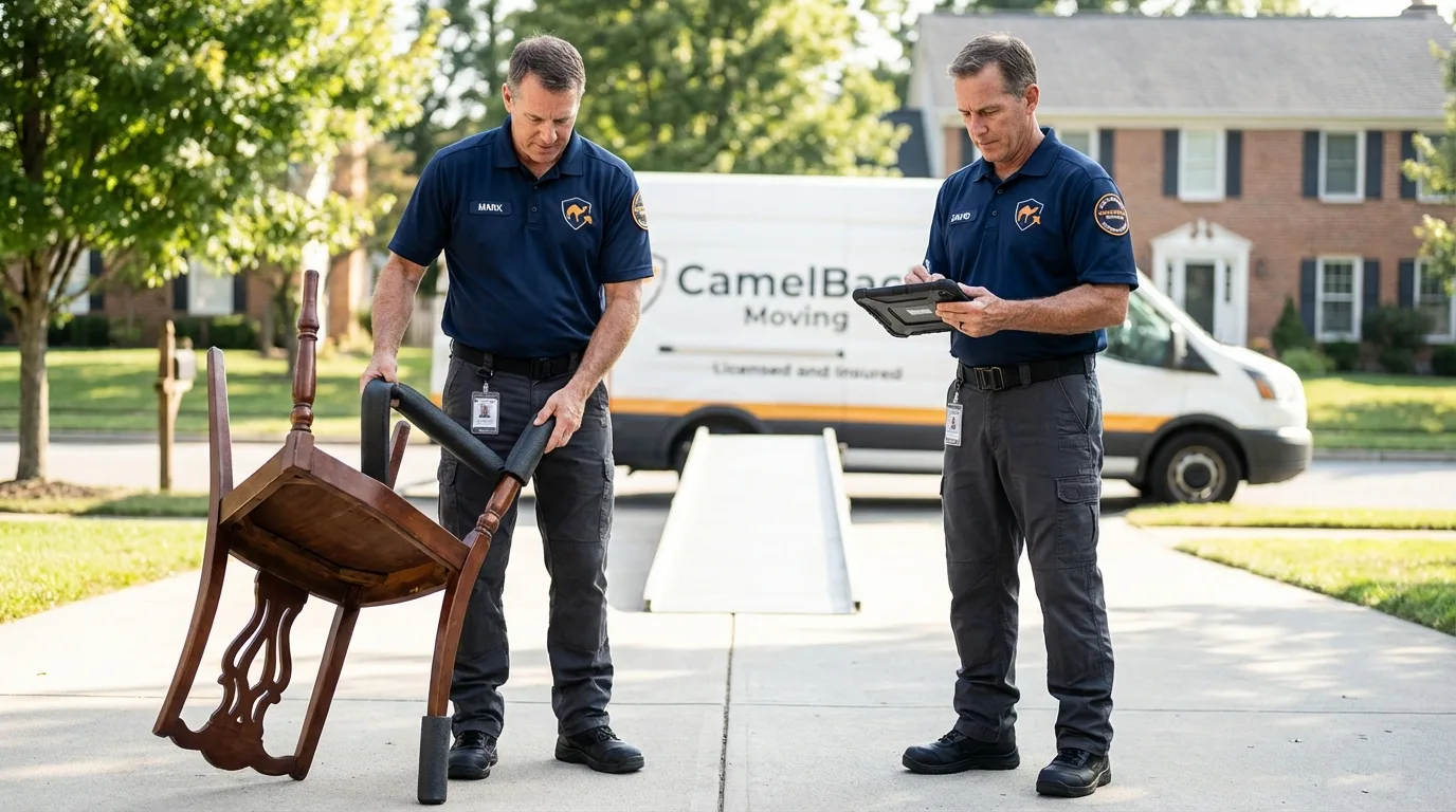 Movers inspecting furniture for damage prevention before loading in Arroyo Grande, CA