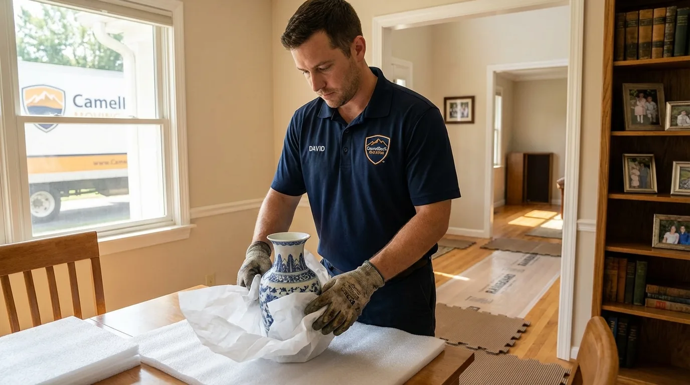 Professional crew carefully wrapping antique vase for senior downsizing move in Arroyo Grande, CA